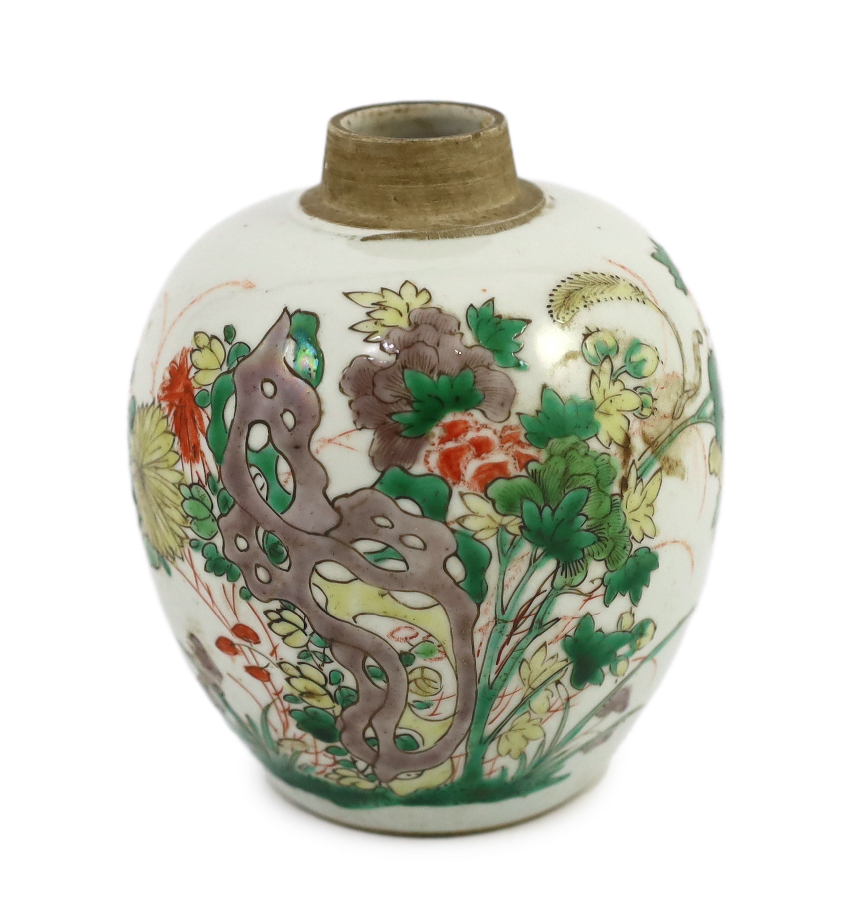 A Chinese famille verte small ovoid jar, Kangxi period, some wear to the iron red enamel